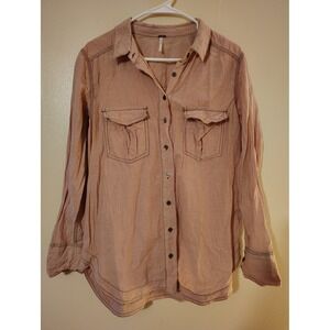 Free People Button-Down Top Relaxed Fit Long Sleeve Pockets Pink